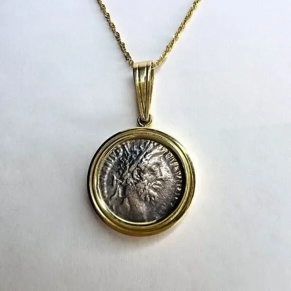 14k Gold Ancient Coin Necklace 18" Silver Roman Emperor Commodus 177-192 AD 5.7g - Picture 5 of 16